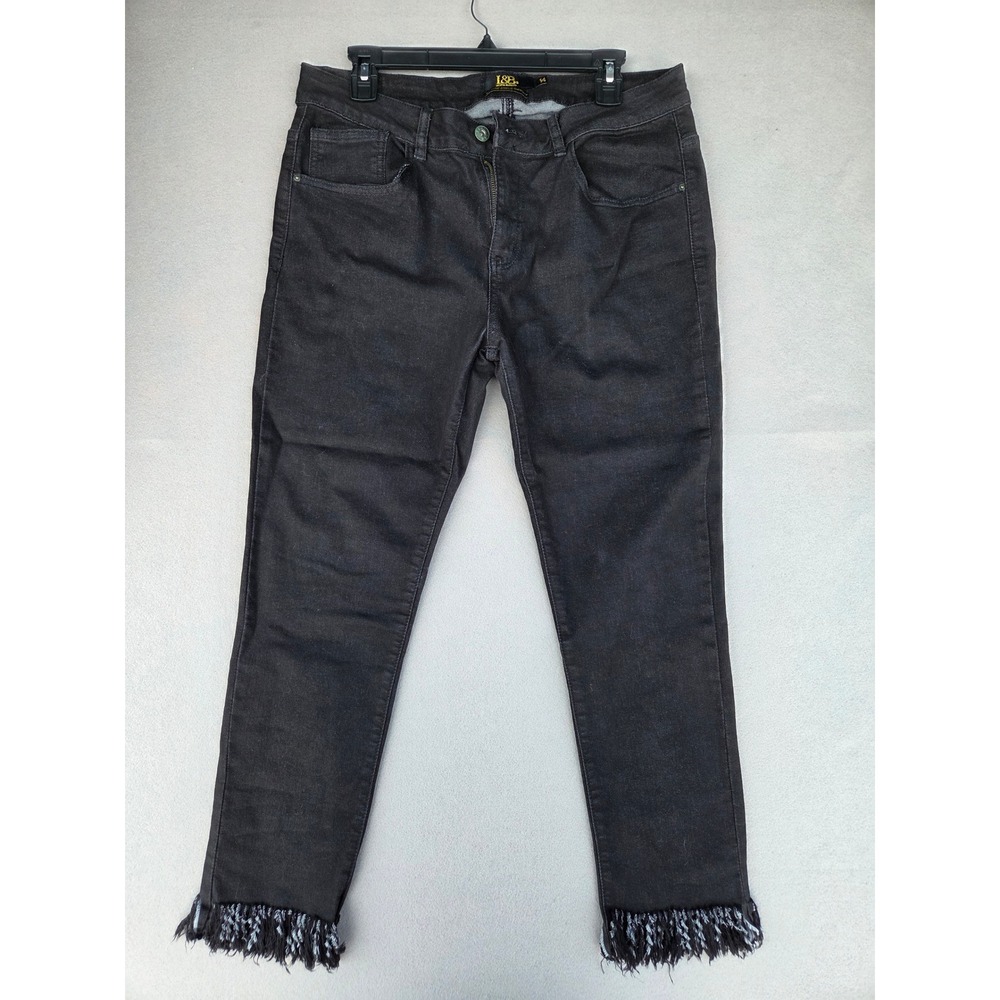 Lucky & Blessed Womens Black Mid Rise Ankle Skinny Jeans Fringe Hem Size 14